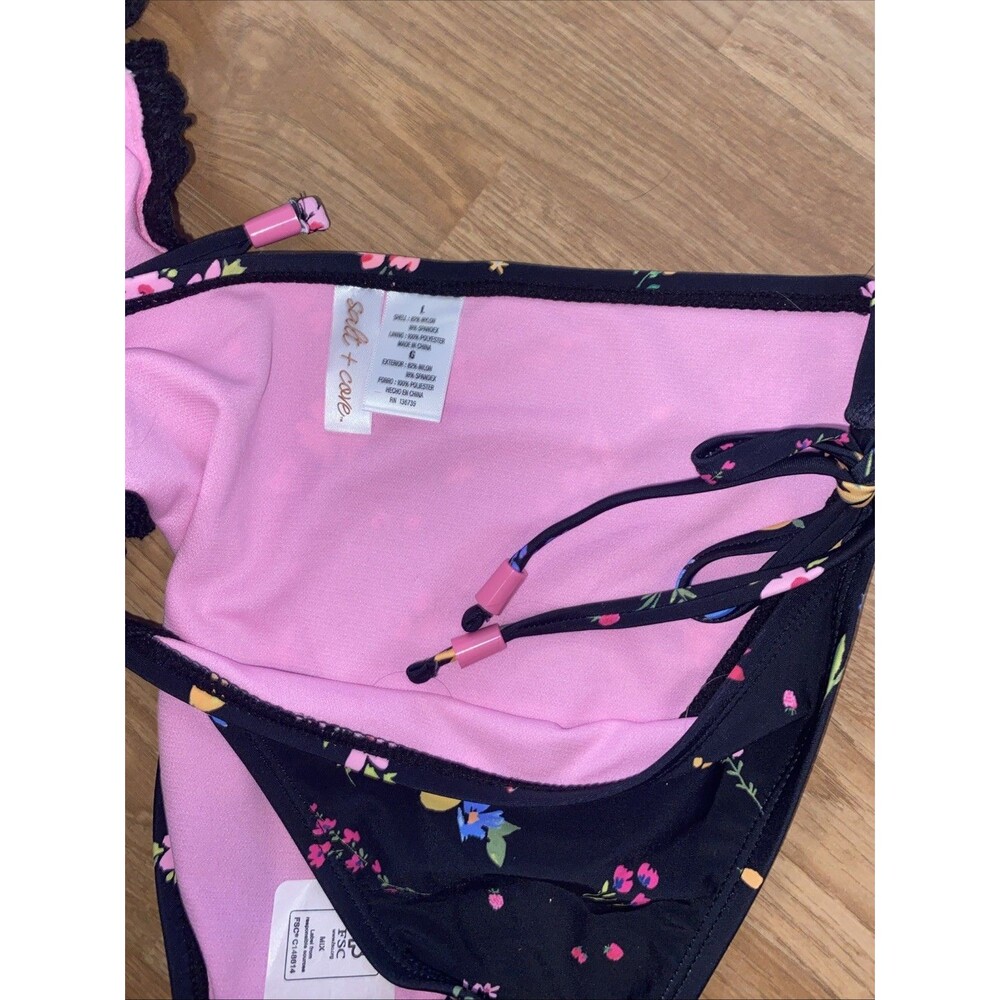 Salt + Cove 2 Piece Crochet Halter Triangle Bikini Set Size L Black Floral New - Picture 9 of 11